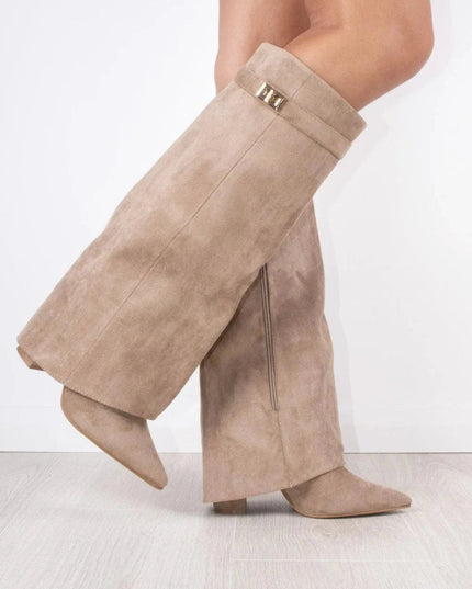 Women's Suede Fold-Over Knee-High Boots Gold Clasp