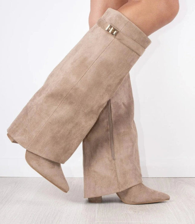 Women's Suede Fold-Over Knee-High Boots Gold Clasp