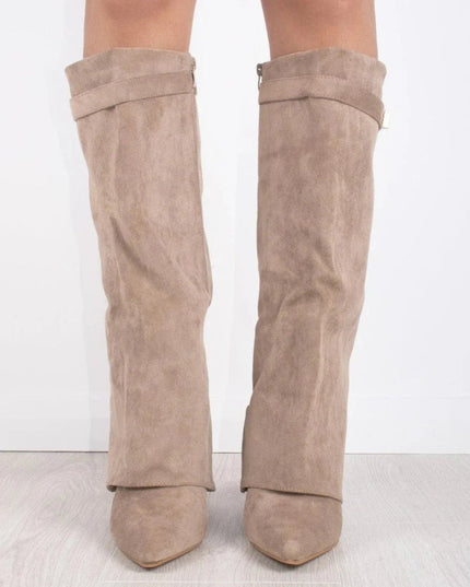 Women's Suede Fold-Over Knee-High Boots Gold Clasp