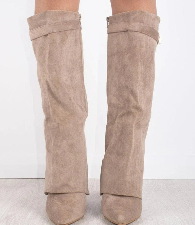 Women's Suede Fold-Over Knee-High Boots Gold Clasp