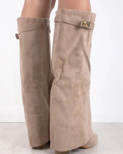 Women's Suede Fold-Over Knee-High Boots Gold Clasp