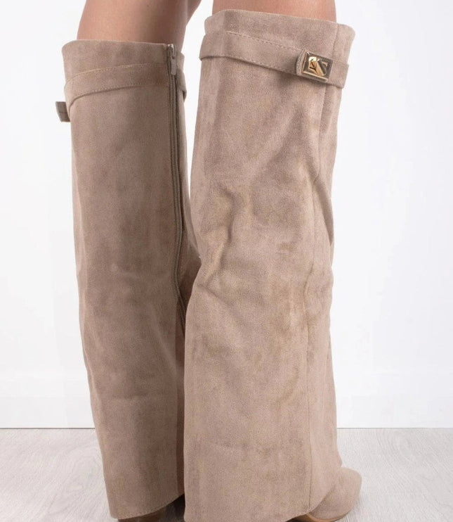 Women's Suede Fold-Over Knee-High Boots Gold Clasp