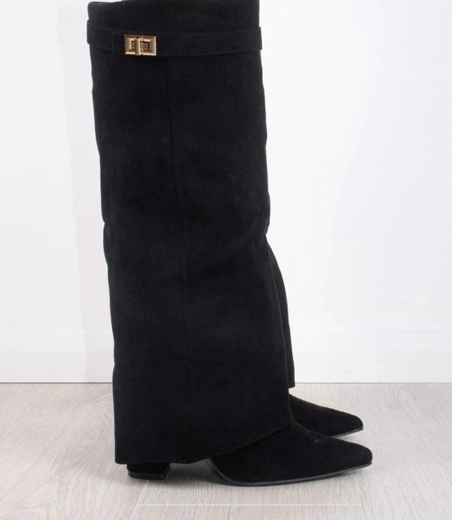 Women's Suede Fold-Over Knee-High Boots Gold Clasp - Black