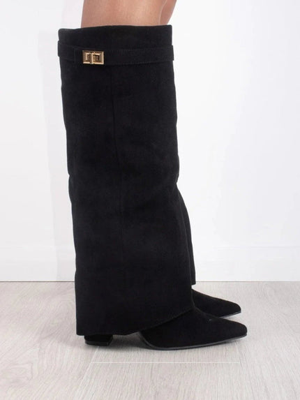 Women's Suede Fold-Over Knee-High Boots Gold Clasp - Black