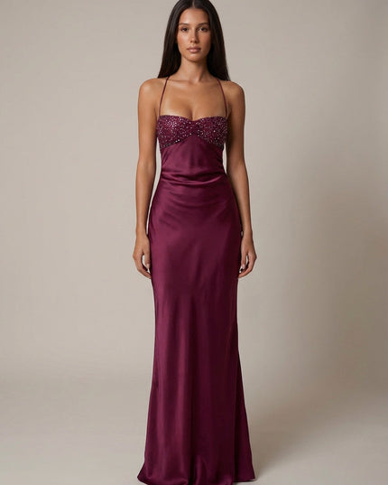Burgundy beaded halter formal maxi dress with sweetheart neckline