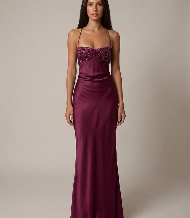 Burgundy beaded halter formal maxi dress with sweetheart neckline