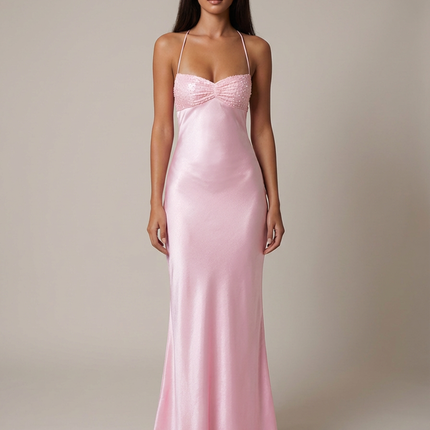 Pink beaded halter maxi dress with sweetheart neckline and flowing skirt