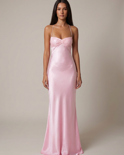 Pink beaded halter maxi dress with sweetheart neckline and flowing skirt