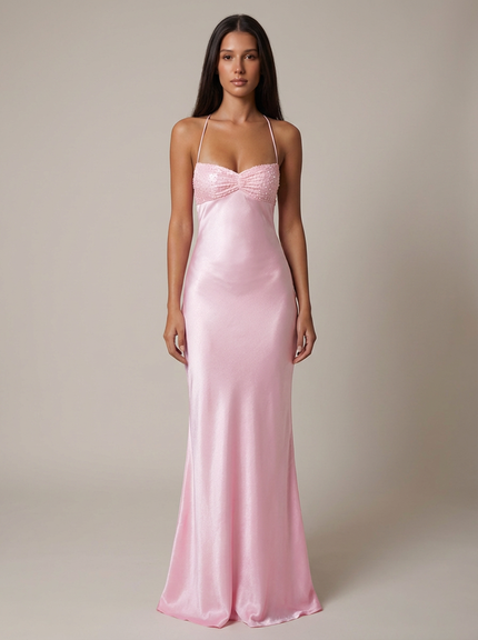 Pink beaded halter maxi dress with sweetheart neckline and flowing skirt