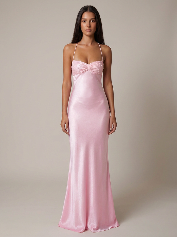 Pink beaded halter maxi dress with sweetheart neckline and flowing skirt