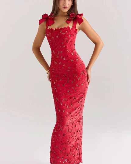 Red lace maxi dress with sweetheart neckline and red bow straps