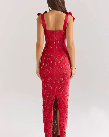 Back view of red lace maxi dress with open back and center slit