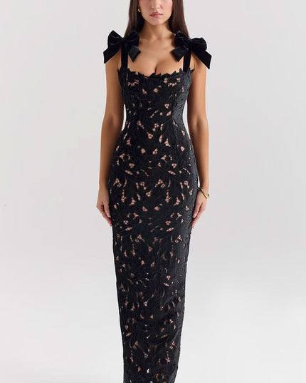 Black lace maxi dress with sweetheart neckline and bow shoulder straps