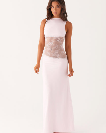 Front view of pale pink sleeveless maxi dress with lace waist detail