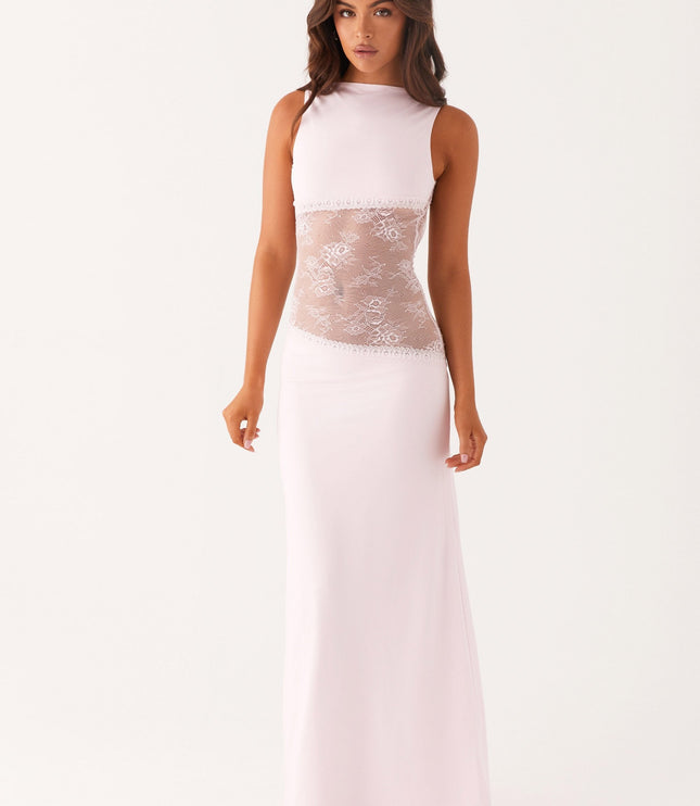 Front view of pale pink sleeveless maxi dress with lace waist detail