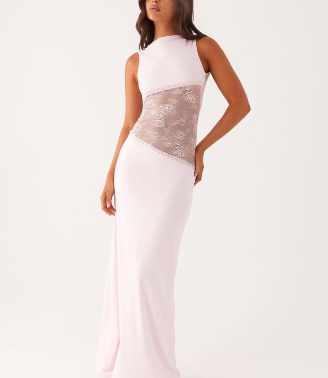 White sleeveless maxi dress with sheer lace waist panel