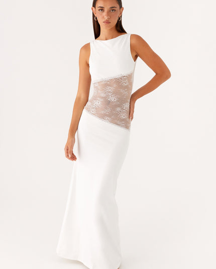 White sleeveless formal maxi dress with lace waist band