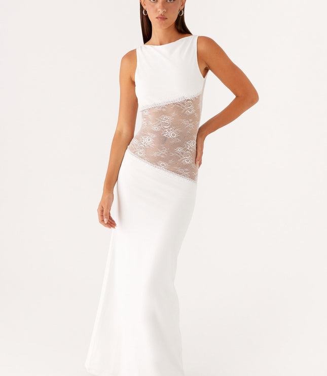 White sleeveless formal maxi dress with lace waist band