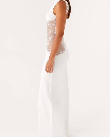 Side view of white maxi dress with sheer lace waist