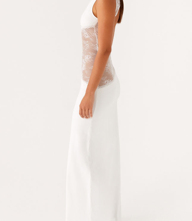 Side view of white maxi dress with sheer lace waist