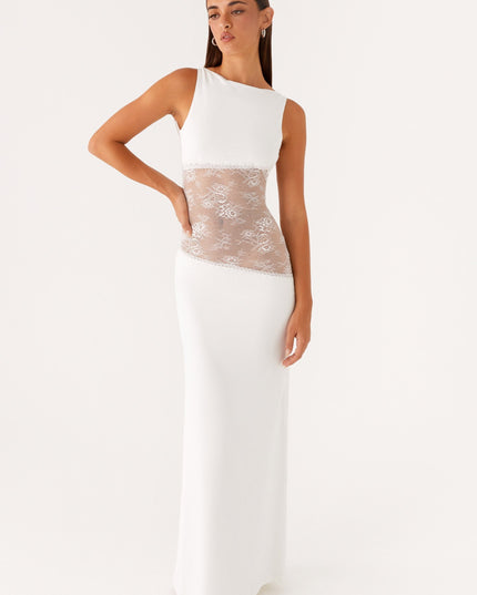 White sleeveless maxi dress with beaded lace waist panel