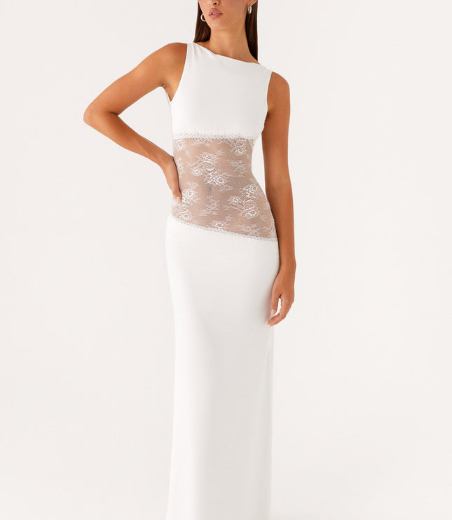 White sleeveless maxi dress with beaded lace waist panel