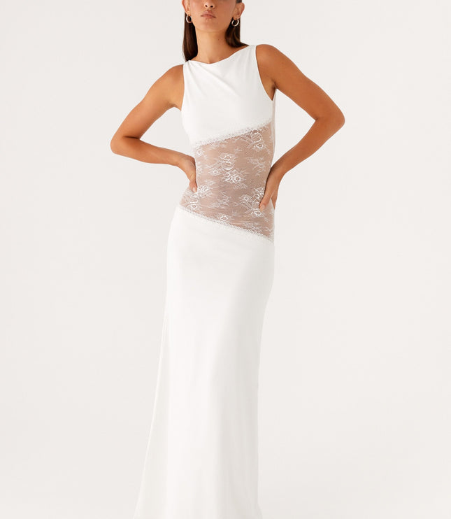 Front view white formal maxi dress with lace waist insert