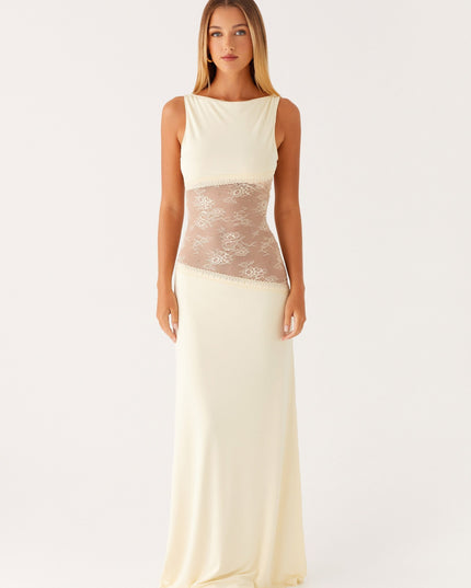 Cream sleeveless maxi dress with sheer lace waist band