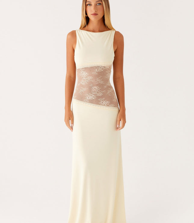 Cream sleeveless maxi dress with sheer lace waist band
