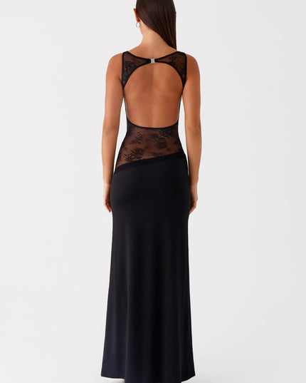 Back view of black maxi dress with open back and lace waist detail
