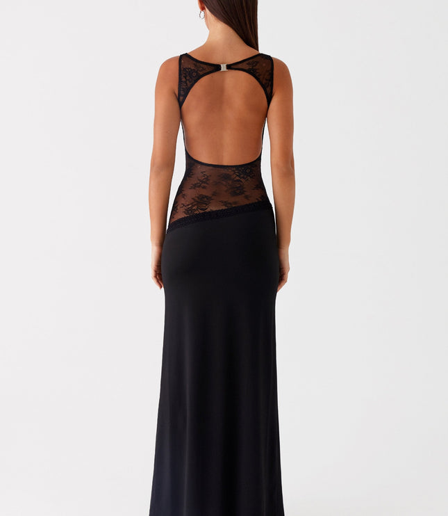 Back view of black maxi dress with open back and lace waist detail