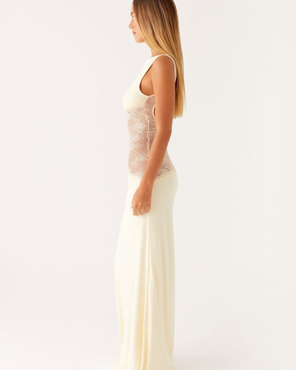 Side profile of cream maxi dress with transparent lace waist