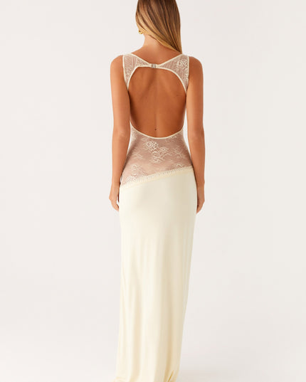 Cream maxi dress with lace waist panel and open back detail