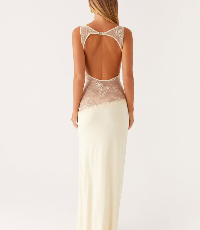 Cream maxi dress with lace waist panel and open back detail