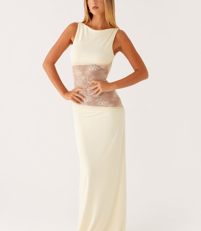 Sleeveless cream maxi dress with sheer lace waist band