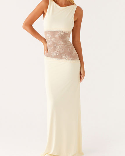 Cream formal maxi dress with lace waist cutout detail