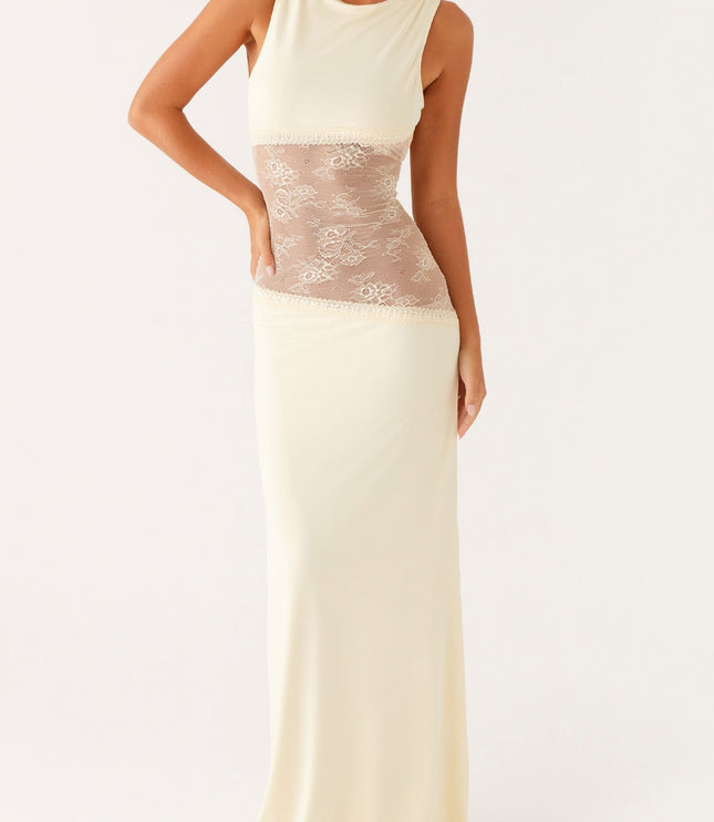 Cream formal maxi dress with lace waist cutout detail
