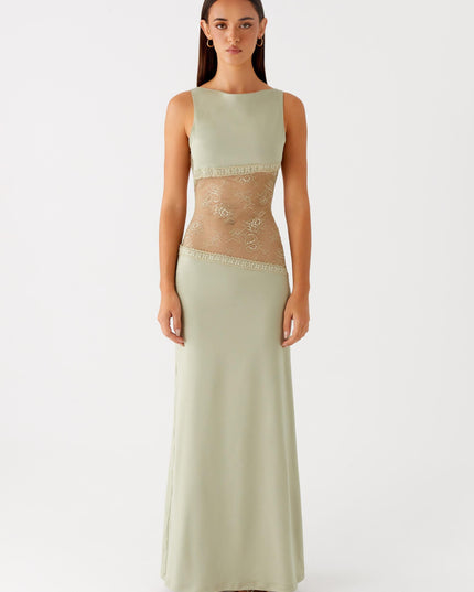 Sage green maxi dress with lace waist and cream trim
