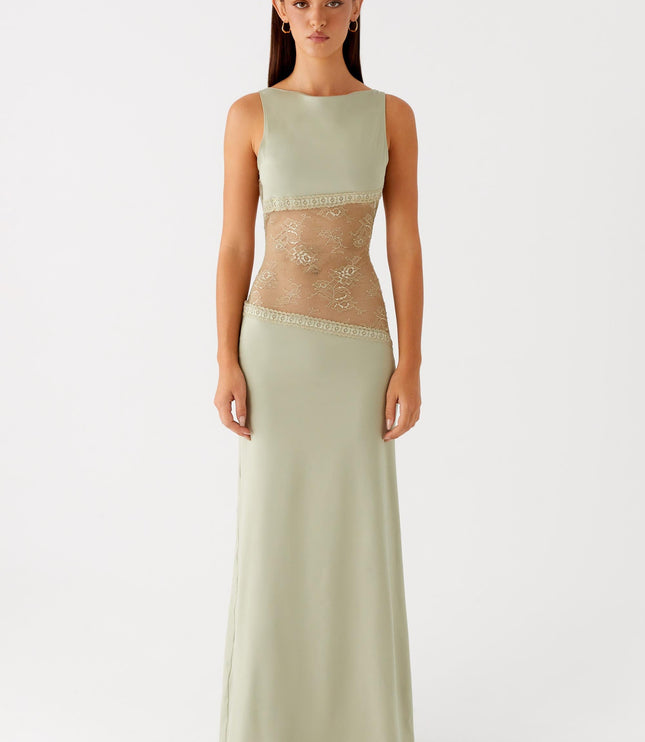 Sage green maxi dress with lace waist and cream trim