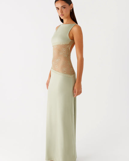 Sage green formal maxi dress with sheer lace waist band