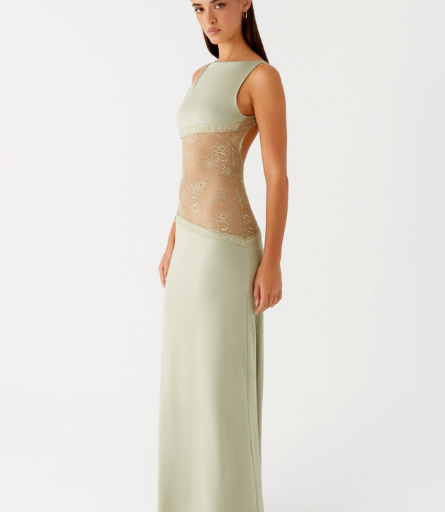 Sage green formal maxi dress with sheer lace waist band