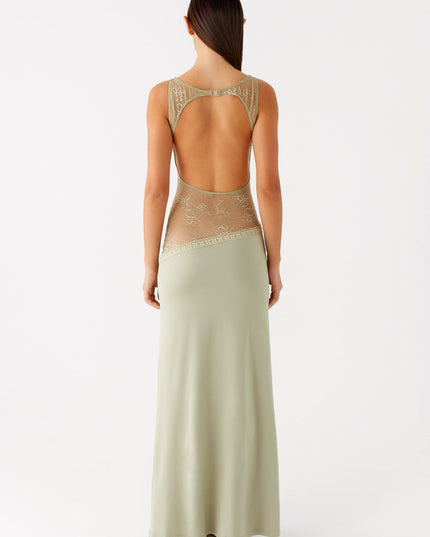 Sage green maxi dress back view with lace waist cutout