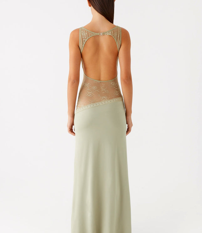 Sage green maxi dress back view with lace waist cutout