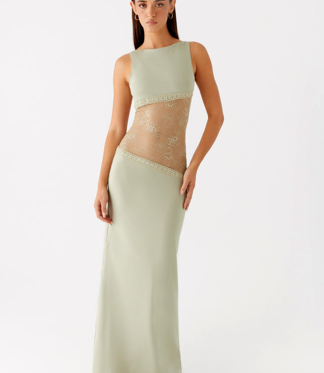 Sage green sleeveless maxi dress with lace waist detail