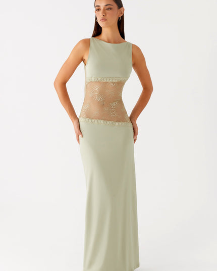 Sage green formal maxi dress with decorative lace waist