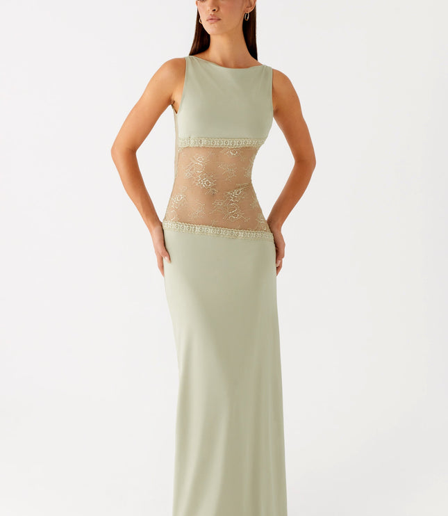 Sage green formal maxi dress with decorative lace waist
