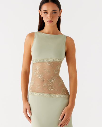 Sage green maxi dress front view with sheer lace waist