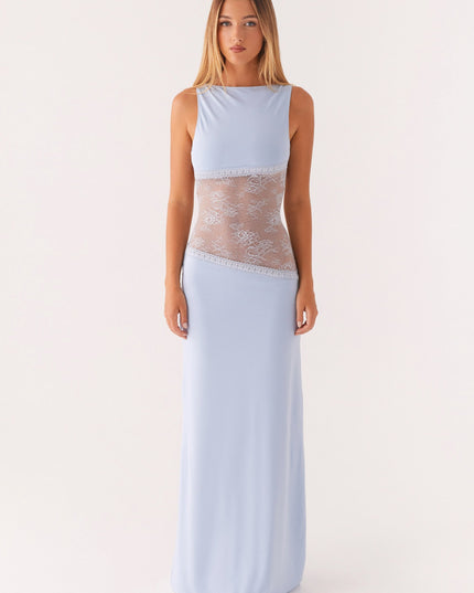 Light blue sleeveless maxi dress with sheer lace waist band detail