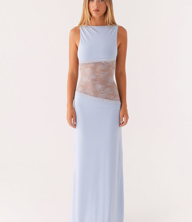 Light blue sleeveless maxi dress with sheer lace waist band detail