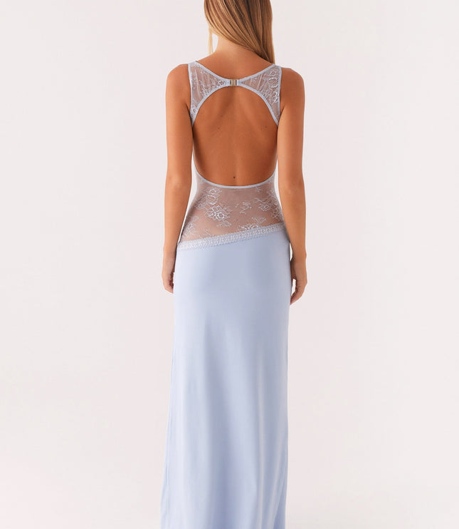 Back view of light blue maxi dress with open back and lace waist